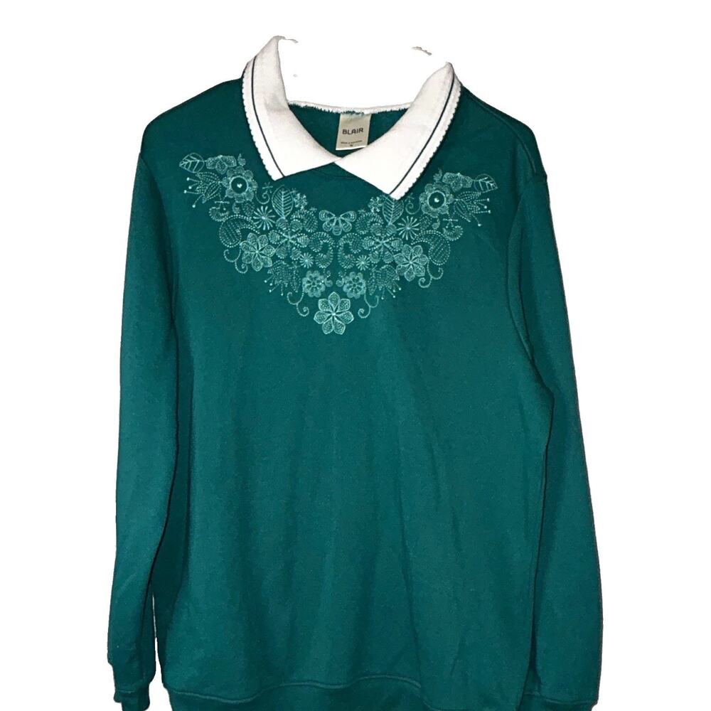 Vtg Blair Green Collared Pullover Fleece Sweatshirt Cotton Blend Floral M